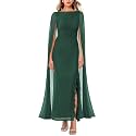 Lrady Women's Formal Evening Gowns High Split Ruffle Wedding Guest Cape Sleeve Cocktail Party Maxi Dresses