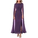 Lrady Women's Formal Evening Gowns High Split Ruffle Wedding Guest Cape Sleeve Cocktail Party Maxi Dresses