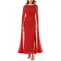 Lrady Women's Formal Evening Gowns High Split Ruffle Wedding Guest Cape Sleeve Cocktail Party Maxi Dresses