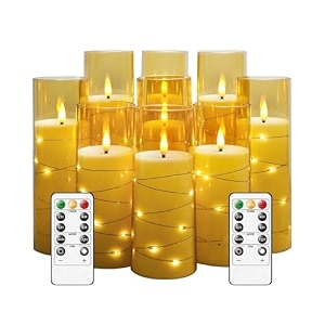 acrylic star string light led candles set of 9  flameless flickering wick  2 aa battery powered with remote controller  home decor amp festival  height 553939653939753939 x diameter 233939  gold