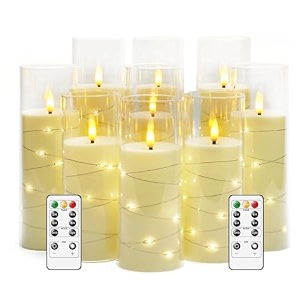 acrylic star string light led candles  flameless flickering wick  2 aa battery powered with remote controller  home decor amp festive vibe  set of 9  height 539396393973939 x diameter 33939  white