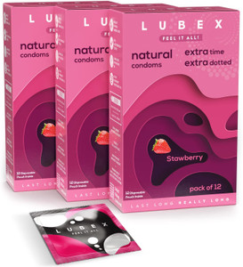 lubex 6 in 1 extra time condoms with disposable bags - strawberry flavour condom set of 3 36 sheets