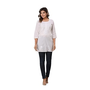 Lucknowi Chikan Embroidered Short Casual White Kurti