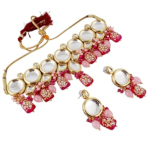 lucky jewellery 18k gold-plated back meenakari kundan choker necklace with earrings  elegant pink amp magenta color necklace jewelry set for women amp girls 1565-j5sk-1630-pkr
