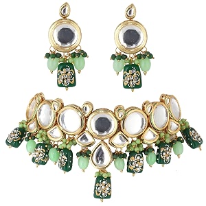lucky jewellery 18k gold-plated back meenakari kundan choker necklace with earrings  elegant green amp light green color necklace jewelry set for women amp girls 1565-j5sk-1630-glg