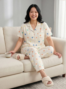 Lugo Women Night Suit Set Beige Printed