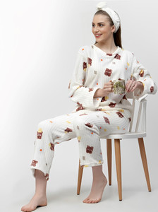 lugo women night suit set white printed