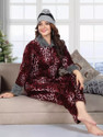 Lugo Women Night Suit Set Maroon Printed