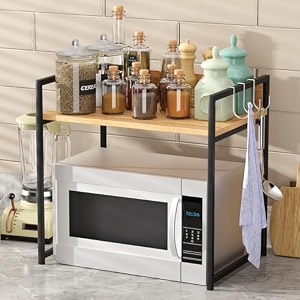 lukzer 1 layer multipurpose storage rack - heavy duty metal amp wood kitchen organizer  space saving microwave oven stand for modular kitchen living room bedroom amp office mkr-001black amp oak light