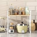 Lukzer 1-Tier Multipurpose Storage Rack - Heavy Duty Metal &amp; Wooden Kitchen Organizer | Space Saving Microwave Oven Stand for Modular Kitchen, Living Room, Bedroom &amp; Office (MKR-001/White &amp; Oak Light)