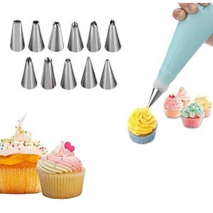 lukzer 12 pcs cake decorating nozzles set with reusable icing bag amp coupler  stainless steel piping tips for cake cupcake pastry cookies dessert amp bakery decoration