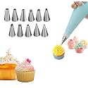 Lukzer 12 Pcs Cake Decorating Nozzles Set with Reusable Icing Bag &amp; Coupler | Stainless Steel Piping Tips for Cake, Cupcake, Pastry, Cookies, Dessert &amp; Bakery Decoration