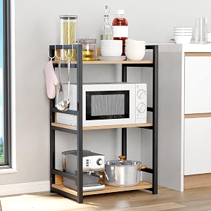 lukzer 3 layer multipurpose storage rack - heavy duty metal amp wood kitchen organizer  space saving microwave oven stand for modular kitchen living room bedroom amp office mkr-003black amp oak light