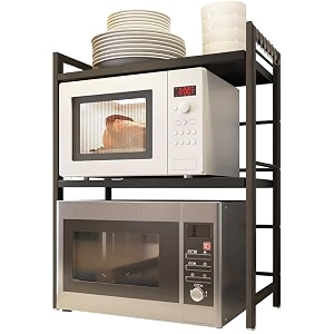 lukzer 2 tier metal microwave oven holder stand 2 layer shelf dish rack space organizer with hooks 78 x 70 x 36 cmblack ch-005