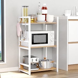 lukzer 3 layer multipurpose storage rack - heavy duty metal amp wood kitchen organizer  space saving microwave oven stand for modular kitchen living room bedroom amp office mkr-003white amp oak light