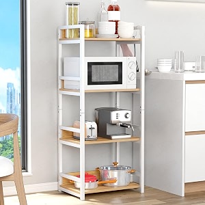 lukzer 4 layer multipurpose storage rack - heavy duty metal amp wood kitchen organizer  space saving microwave oven stand for modular kitchen living room bedroom amp office mkr-004white amp oak light
