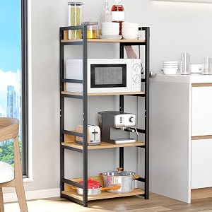 lukzer 4 layer multipurpose storage rack - heavy duty metal amp wood kitchen organizer  space saving microwave oven stand for modular kitchen living room bedroom amp office mkr-004black amp oak light