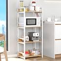 Lukzer 4 Layer Multipurpose Storage Rack - Heavy Duty Metal &amp; Wood Kitchen Organizer | Space Saving Microwave Oven Stand for Modular Kitchen, Living Room, Bedroom &amp; Office (MKR-004/White &amp; Oak Light)