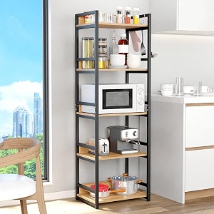lukzer 5 layer multipurpose storage rack - heavy duty metal amp wood kitchen organizer  space saving microwave oven stand for modular kitchen living room bedroom amp office mkr-005black amp oak light