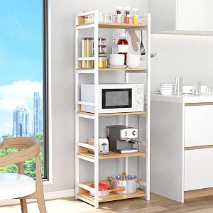 lukzer 5 layer multipurpose storage rack - heavy duty metal amp wood kitchen organizer  space saving microwave oven stand for modular kitchen living room bedroom amp office mkr-005white amp oak light