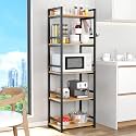 Lukzer 5 Layer Multipurpose Storage Rack - Heavy Duty Metal &amp; Wood Kitchen Organizer | Space Saving Microwave Oven Stand for Modular Kitchen, Living Room, Bedroom &amp; Office (MKR-005/Black &amp; Oak Light)