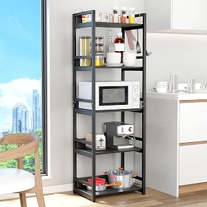lukzer 5 layer multipurpose storage rack - heavy duty metal amp wood kitchen organizer  space saving microwave oven stand for modular kitchen living room bedroom amp office mkr-005black amp black