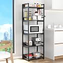Lukzer 5 Layer Multipurpose Storage Rack - Heavy Duty Metal &amp; Wood Kitchen Organizer | Space Saving Microwave Oven Stand for Modular Kitchen, Living Room, Bedroom &amp; Office (MKR-005/Black &amp; Black)