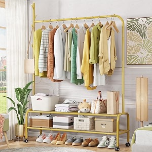 lukzer  mgr-008  gold  metal garment rack with wheels amp 2 bottom shelves  freestanding clothes stand amp storage organizer for bedroom living room shop display amp more  173 x 110 x 34 cm