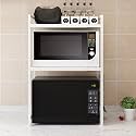 Lukzer 2 Tier Metal Shelf Oven Microwave Rack with Hooks | 2 Layer Rectangular Floor Mount Shelf for Home Kitchen Bedroom Office Space Organizer Stand (78 X 70 X 36 Cm/White) CH-005
