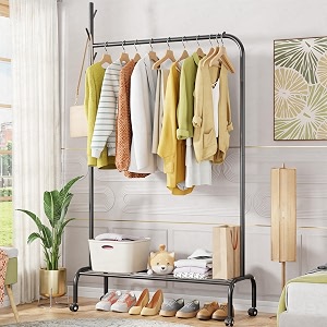 lukzer mgr-005  black multipurpose single pole metal garment rack with wheels amp 1 bottom shelves  movable clothes stand amp storage organizer for bedroom hallway entryway amp more  34 x 90 x 173 cm