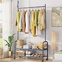 Lukzer| MGR-005 | Black| Multipurpose Single Pole Metal Garment Rack with Wheels &amp; 1 Bottom Shelves – Movable Clothes Stand &amp; Storage Organizer for Bedroom, Hallway, Entryway &amp; More | 34 x 90 x 173 cm