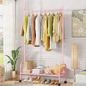 lukzer mgr-005  pink  multipurpose single pole metal garment rack with wheels amp 1 bottom shelves  movable clothes stand amp storage organizer for bedroom hallway entryway amp more  34 x 90 x 173 cm