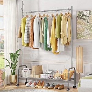 lukzer  mgr-008  grey  metal garment rack with wheels amp 2 bottom shelves  freestanding clothes stand amp storage organizer for bedroom living room shop display amp more  173 x 110 x 34 cm