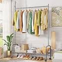 Lukzer | MGR-008 | Grey | Metal Garment Rack with Wheels &amp; 2 Bottom Shelves – Freestanding Clothes Stand &amp; Storage Organizer for Bedroom, Living Room, Shop Display &amp; More | 173 x 110 x 34 cm