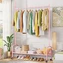 Lukzer | MGR-008 | Pink | Metal Cloth Stand &amp; Garment Organizer with Wheels, 2 Bottom Shelves &amp; Mesh Base – Freestanding Coat Rack for Bedroom, Laundry, Boutique, Office &amp; More | 173 x 110 x 35 cm