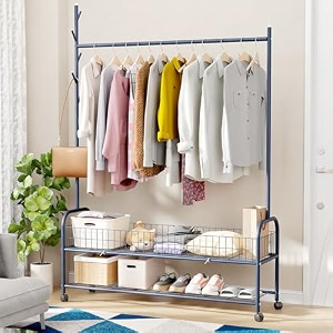 lukzer mgr-005  black multipurpose single pole metal garment rack with wheels amp 1 bottom shelves  movable clothes stand amp storage organizer for bedroom hallway entryway amp more  34 x 90 x 173 cm