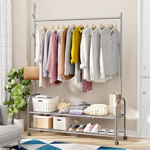 lukzer  mgr-008  grey  metal garment rack with wheels amp 2 bottom shelves  freestanding clothes stand amp storage organizer for bedroom living room shop display amp more  173 x 110 x 34 cm