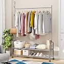 Lukzer | MGR-008 | Grey | Metal Garment Rack with Wheels &amp; 2 Bottom Shelves – Freestanding Clothes Stand &amp; Storage Organizer for Bedroom, Living Room, Shop Display &amp; More | 173 x 110 x 34 cm