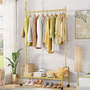 lukzer mgr-005  gold  multipurpose single pole metal garment rack with wheels amp 1 bottom shelves  movable clothes stand amp storage organizer for bedroom hallway entryway amp more  34 x 90 x 173 cm