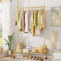 Lukzer| MGR-005 | Gold | Multipurpose Single Pole Metal Garment Rack with Wheels &amp; 1 Bottom Shelves – Movable Clothes Stand &amp; Storage Organizer for Bedroom, Hallway, Entryway &amp; More | 34 x 90 x 173 cm