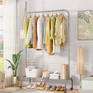 lukzer mgr-005  grey  multipurpose single pole metal garment rack with wheels amp 1 bottom shelves  movable clothes stand amp storage organizer for bedroom hallway entryway amp more  34 x 90 x 173 cm