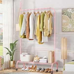 lukzer mgr-005  pink  multipurpose single pole metal garment rack with wheels amp 1 bottom shelves  movable clothes stand amp storage organizer for bedroom hallway entryway amp more  34 x 90 x 173 cm
