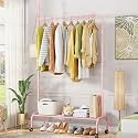 Lukzer| MGR-005 | Pink | Multipurpose Single Pole Metal Garment Rack with Wheels &amp; 1 Bottom Shelves – Movable Clothes Stand &amp; Storage Organizer for Bedroom, Hallway, Entryway &amp; More | 34 x 90 x 173 cm
