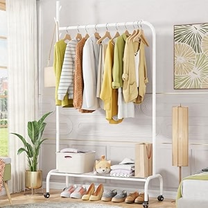 lukzer mgr-005 white multipurpose single pole metal garment rack with wheels amp 1 bottom shelves  movable clothes stand amp storage organizer for bedroom hallway entryway amp more  34 x 90 x 173 cm