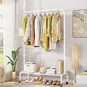 Lukzer| MGR-005| White| Multipurpose Single Pole Metal Garment Rack with Wheels &amp; 1 Bottom Shelves – Movable Clothes Stand &amp; Storage Organizer for Bedroom, Hallway, Entryway &amp; More | 34 x 90 x 173 cm