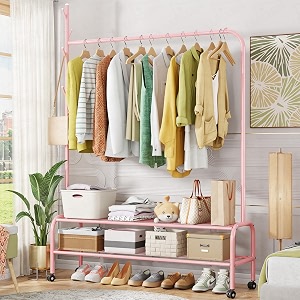 lukzer  mgr-008  pink  metal cloth stand amp garment organizer with wheels 2 bottom shelves amp mesh base  freestanding coat rack for bedroom laundry boutique office amp more  173 x 110 x 35 cm