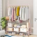 Lukzer | MGR-008 | Pink | Metal Cloth Stand &amp; Garment Organizer with Wheels, 2 Bottom Shelves &amp; Mesh Base – Freestanding Coat Rack for Bedroom, Laundry, Boutique, Office &amp; More | 173 x 110 x 35 cm