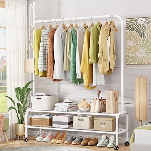 lukzer metal cloth stand with dual shelves amp wheels mgr-008-white garment rack amp storage organizer for home amp boutique open wardrobe for bedroom clothes drying stand 173 x 110 x 34 cm