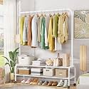 Lukzer Metal Cloth Stand with Dual Shelves & Wheels (MGR-008-White) Garment Rack & Storage Organizer for Home & Boutique, Open Wardrobe for Bedroom, Clothes Drying Stand (173 x 110 x 34 cm)
