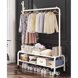 lukzer  mgr-008  white  metal garment rack with wheels amp 2 bottom shelves  freestanding clothes stand amp storage organizer for bedroom living room shop display amp more  173 x 110 x 34 cm